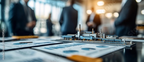 Wallpaper Mural Business Meeting Focused on Steel Industry Growth,Steel Industry Future: A Tabletop Discussion-Small-Scale Steel Model and Financial Charts at Business Table Torontodigital.ca