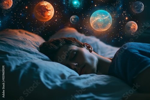 A man sleeps under a vivid, colorful cosmic landscape filled with planets and galaxies, blending reality and imagination into a surreal dream world. photo