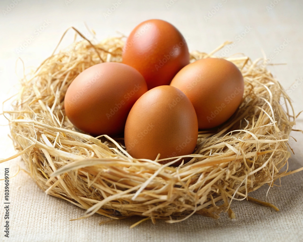 Brown Chicken Eggs Nestled in Dried Hay Brown Chicken Eggs Nestled in Dried Hay