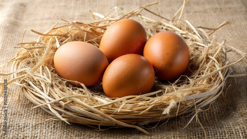 Brown Chicken Eggs Nestled in Dried Hay Brown Chicken Eggs Nestled in Dried Hay