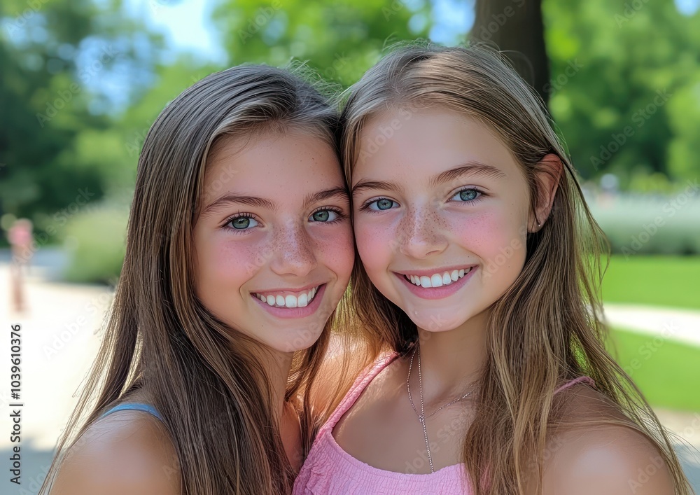 Obraz premium two girls one girl is holding the other in her arms and smiling at the camera with a summer park background They are wearing summer - one has long brown hair and green eyes 