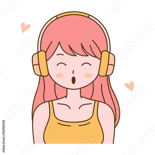Cute Beautiful Girl Cartoon Character Listening Music Using Headphone