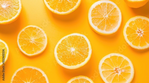 Aesthetic slices of oranges arranged on a vivid orange background, creating a lively, artistic composition.