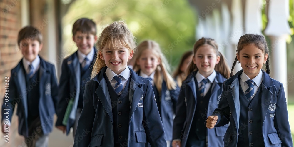 Smiling School Children Walking in Uniform Smiling School Children Walking in Uniform