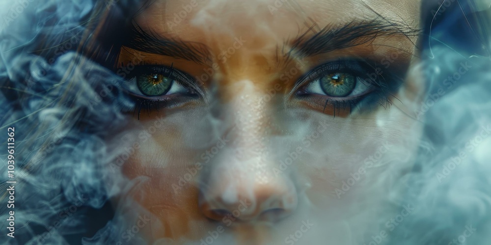 Intense Gaze Through Smoke: Close-Up Portrait of a Woman with Green Eyes Intense Gaze Through Smoke: Close-Up Portrait of a Woman with Green Eyes