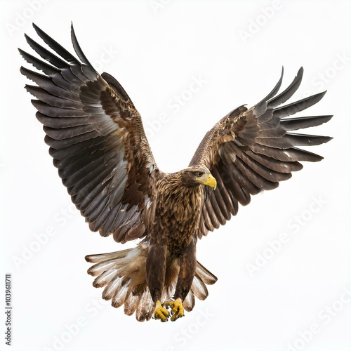 powerful, majestic eagle with wings fully spread white background