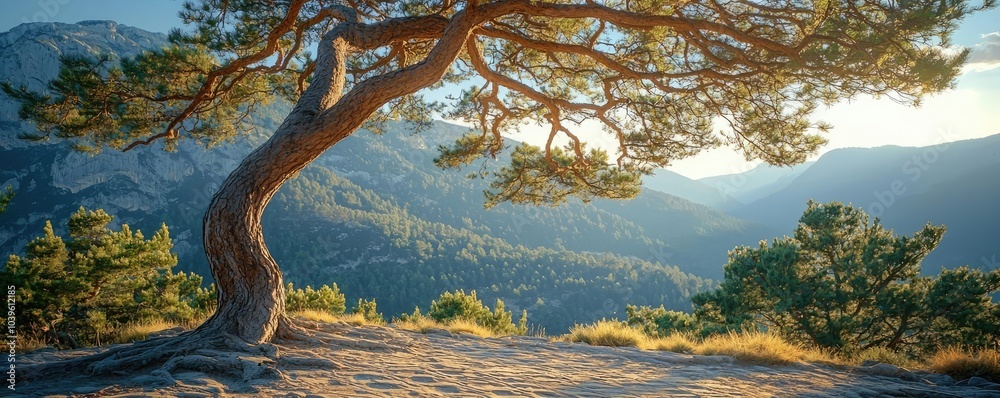 Lone tree overlooking a scenic mountain view during golden hour. Lone tree overlooking a scenic mountain view during golden hour.