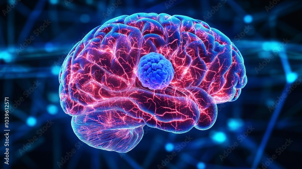Obraz premium Neurosurgical Blue Spotlight, Brain Tumor Visualization: A Close-Up of a Brain Tumor, The Focus of Cancer Research. Concept of medical research, neurology, tumor diagnosis, cancer treatment,