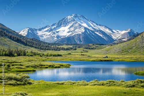 Tranquil panorama of crystal-clear mountain lake reflecting lush green forests and peaks under a vivid blue sky. Beautiful simple AI generated image