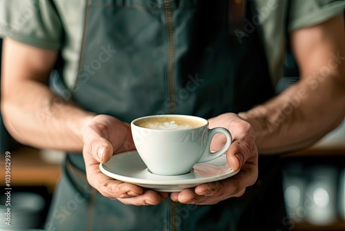 A barista is standing while holding a cup of coffee in his hands