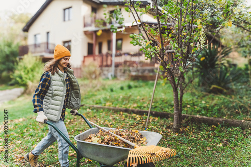 Young happy woman collecting autumn leaves in the backyard of a country house using a rake and cart photo