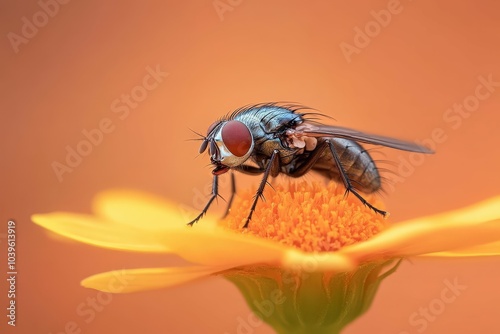 Close-up photograph of a detailed fly, capturing its intricate eyes, body hair, and delicate wings against a white background.. Beautiful simple AI generated image