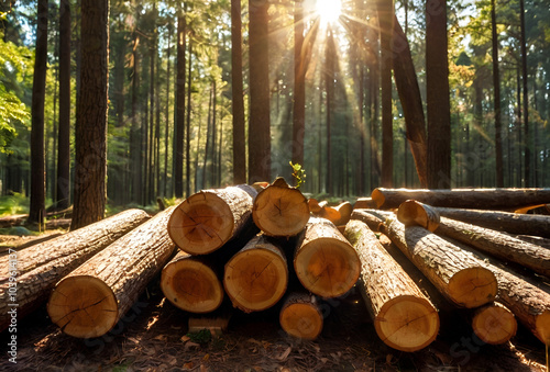 Cut wood logs stacked in a forest. 