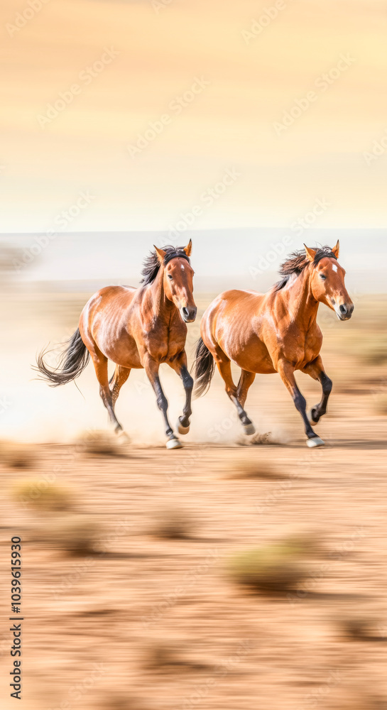 Majestic wild horses running free in the desert landscape Majestic wild horses running free in the desert landscape