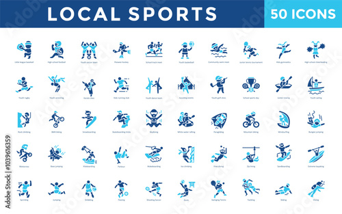 Local sports icon set with little league baseball, high school football, youth soccer team, peewee hockey, school track meet, youth basketball, community swim meet icon. Simple flat vector 
