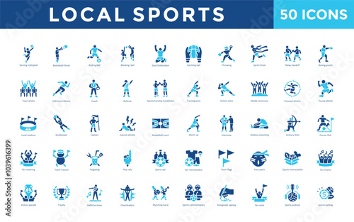 Local sports icon set with serving volleyball, basketball shoot, kicking ball, blocking ball, goal celebration, catching ball, throwing, sprint finish, relay handoff icon. Simple flat vector 
