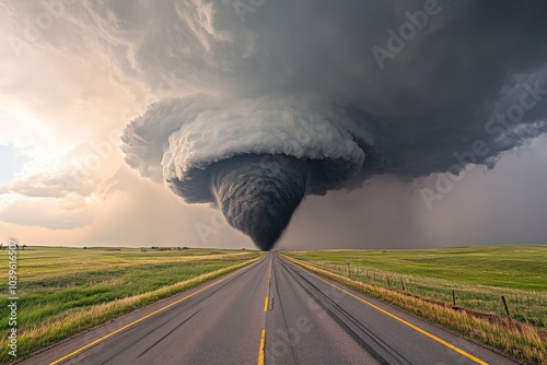 A massive tornado swirls dramatically above a country road, set against a backdrop of ominous storm clouds, capturing the raw power and intensity of nature's fury. photo