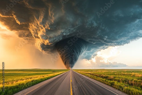 An epic twister looms ahead, casting a dark shadow over a deserted road, symbolizing impending danger and highlighting the grandeur of unpredictable natural phenomena. photo