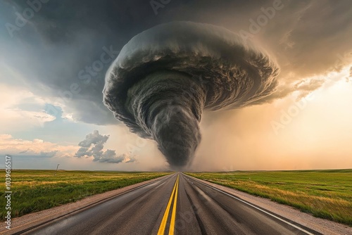 A colossal tornado dominates the scene, spiraling beneath twisted storm clouds above a deserted road, evoking feelings of awe and respect for nature's uncontrollable might. photo