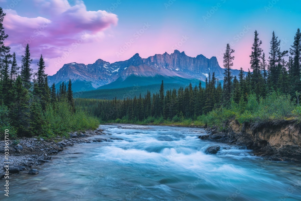 A stunning river flows through a lush forest with towering, majestic mountains in the background, all bathed in a vibrant pink and blue sunset sky. A stunning river flows through a lush forest with towering, majestic mountains in the background, all bathed in a vibrant pink and blue sunset sky.