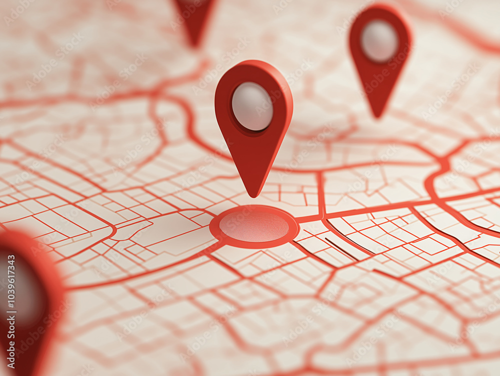 Fototapeta premium Map with red pins marking specific locations