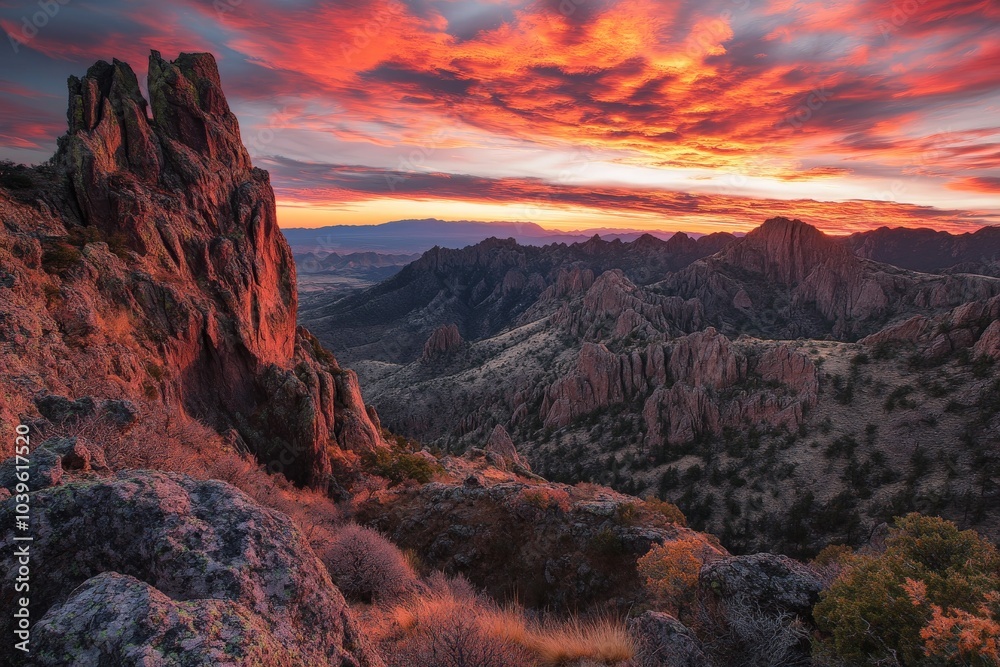 Fototapeta premium A dramatic image of rugged desert mountains under a fiery sunset sky, with deep hues of red and orange painting a spectacular scene, embodying passion and raw beauty.