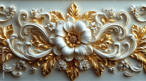 Luxurious 3D golden Baroque filigree swirling floral patterns delicate leaf motifs and opulent rococostyle scrolls elegantly arranged on a white background for a vintage Renaissanceinspired design photo