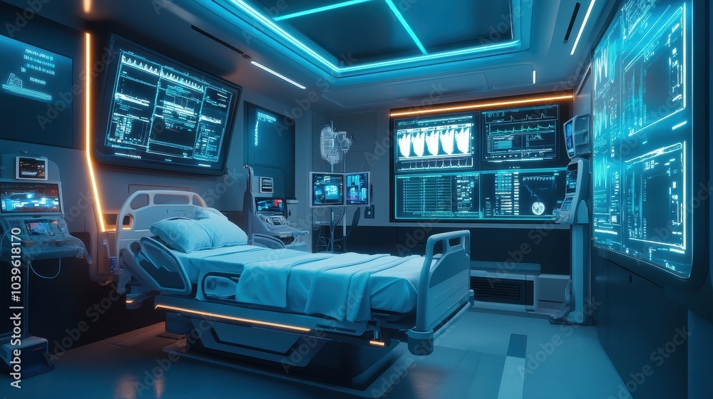 A futuristic hospital room featuring smart beds that monitor patient vitals in real-time, surrounded by interactive screens displaying health data and virtual health assistants. A futuristic hospital room featuring smart beds that monitor patient vitals in real-time, surrounded by interactive screens displaying health data and virtual health assistants.