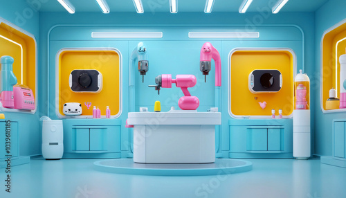 Colorful futuristic workspace with robotic tools and equipment.