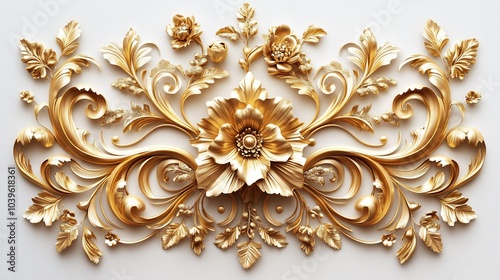 Luxurious 3D golden Baroque filigree ornament featuring intricate floral scrollwork detailed leaf patterns set against a white background with vintage decorative elegance and opulence