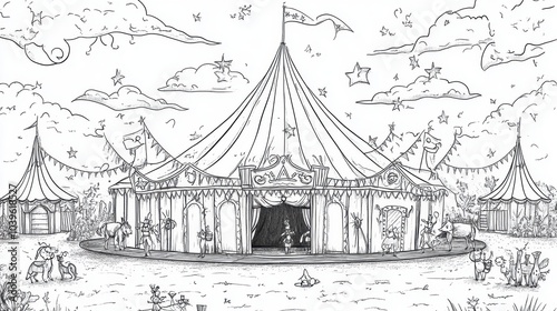 A whimsical circus tent filled with joyful characters celebrating under a dreamy sky full of stars in a lively fairground setting, coloring page