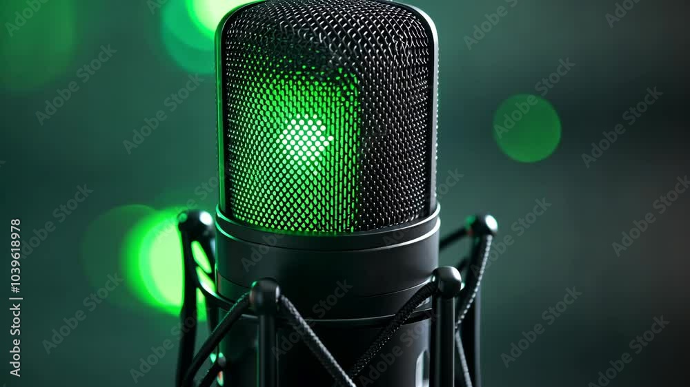 A black microphone with a green light is ready to record audio in a studio