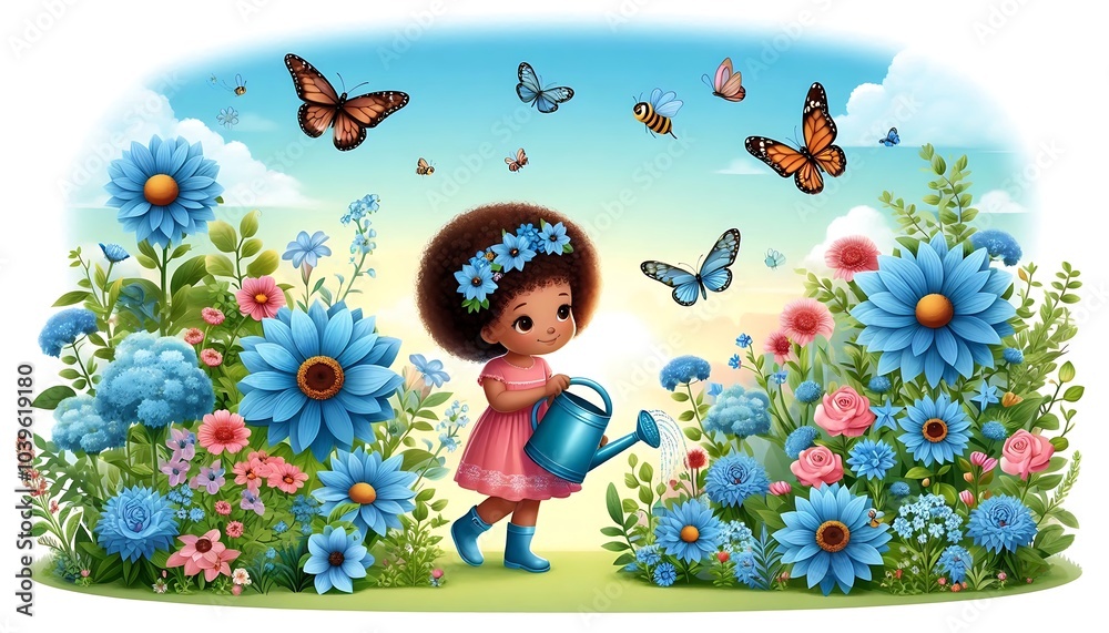 Obraz premium Blue flower garden and girl