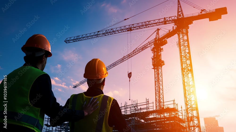 Construction workers observing a crane at sunset, silhouetted scene. Construction workers observing a crane at sunset, silhouetted scene.