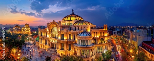 Mexico City's Palacio de Bellas Artes at Dusk with Light Trails from Passing Traffic