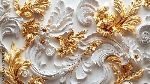 Wallpaper Mural Luxurious Baroque filigree swirling golden leaf patterns and floral motifs intricately arranged in an opulent 3D design set against a white backdrop for a grand and regal aesthetic Torontodigital.ca