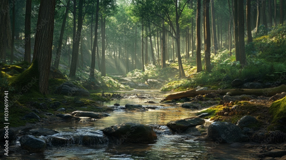 Obraz premium Stunning digital illustration of a serene forest landscape featuring a tranquil river flowing through lush greenery, capturing the beauty of nature in a vibrant, idyllic setting