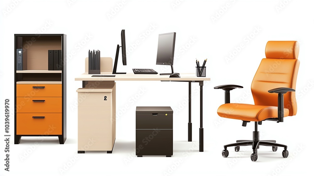 Modern office furniture set with desk, chair, and storage in orange and beige colors on white background. Modern office furniture set with desk, chair, and storage in orange and beige colors on white background.