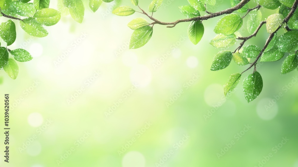 Vibrant green leaves adorned with crystal clear water drops, a closeup view closeup Vibrant green leaves adorned with crystal clear water drops, a closeup view closeup
