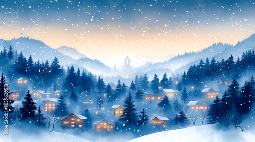 Watercolor small town in winter with snow and starlight design for web banner .