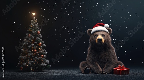the 3D-rendered image of a bear wearing a Christmas hat, sitting beside a Christmas tree