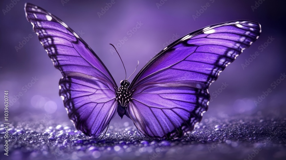 Fototapeta premium A tight shot of a purple butterfly against a deep purple and black backdrop, its wings slightly out of focus