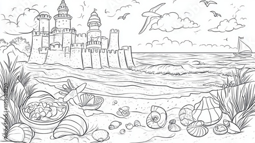Wallpaper Mural Enchanting coastal scene with a majestic castle, seashells, and serene waters on a sunny day, coloring page Torontodigital.ca