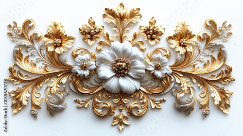 Luxurious golden Baroque ornament intricate swirling floral filigree set on a pristine white background framed by rich vintage leaf patterns and opulent rococoinspired decorative flourishes