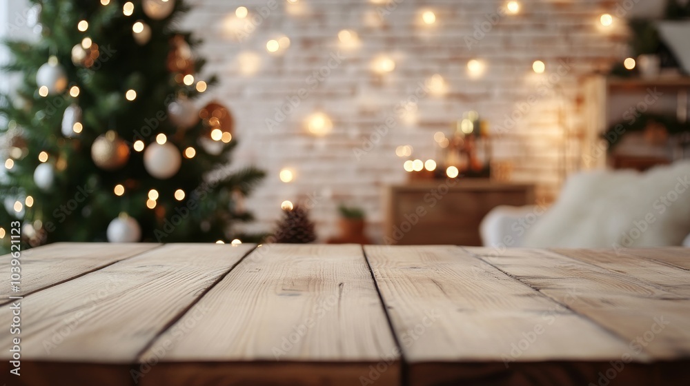 Empty wooden table top for product display, presentation stage. In the background, a cosy living room decorated for Christmas with a beautifully illuminated tree. Empty wooden table top for product display, presentation stage. In the background, a cosy living room decorated for Christmas with a beautifully illuminated tree.