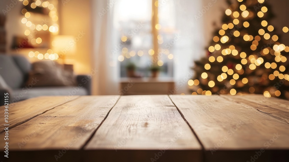 Empty wooden table top for product display, presentation stage. In the background, a cosy living room decorated for Christmas with a beautifully illuminated tree. Empty wooden table top for product display, presentation stage. In the background, a cosy living room decorated for Christmas with a beautifully illuminated tree.
