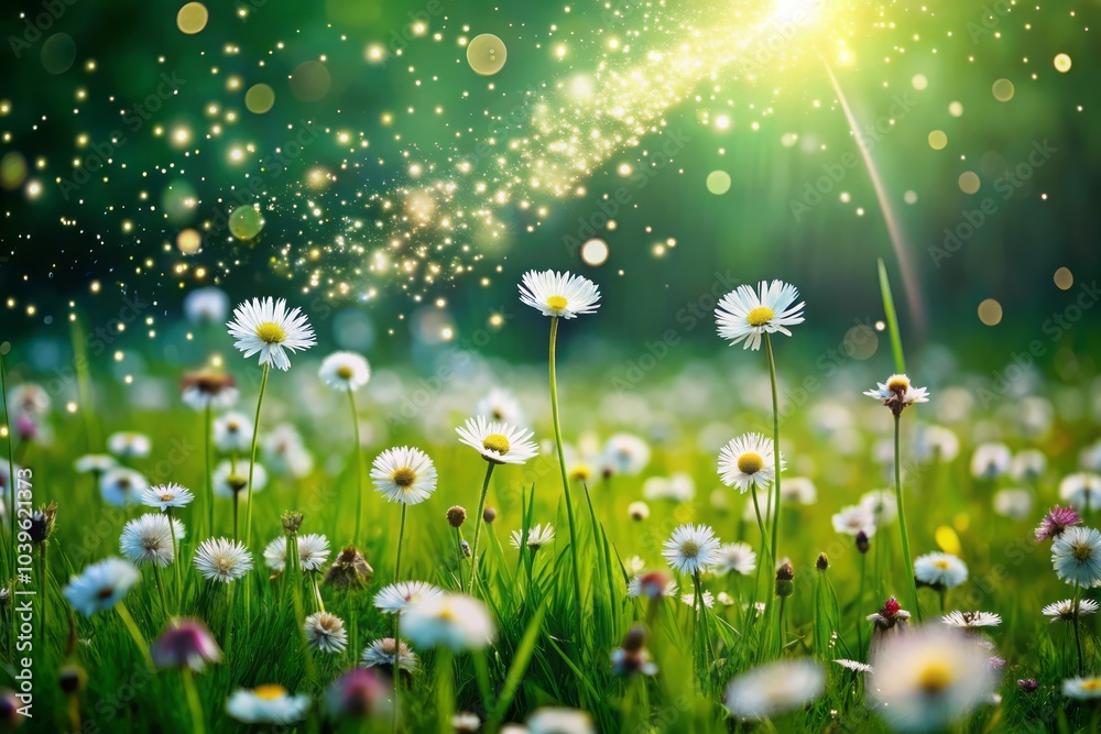 Dainty Flowers Scattered Across a Lush Green Meadow Creating a Colorful Natural Landscape Scene Dainty Flowers Scattered Across a Lush Green Meadow Creating a Colorful Natural Landscape Scene