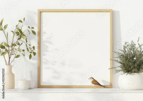 serene interior scene featuring blank wooden frame, small bird, and lush green plants. minimalist design evokes sense of calm and tranquility, perfect for home decor