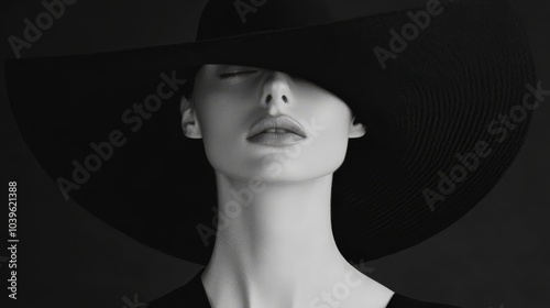  A monochrome image of a mannequin wearing a black hat