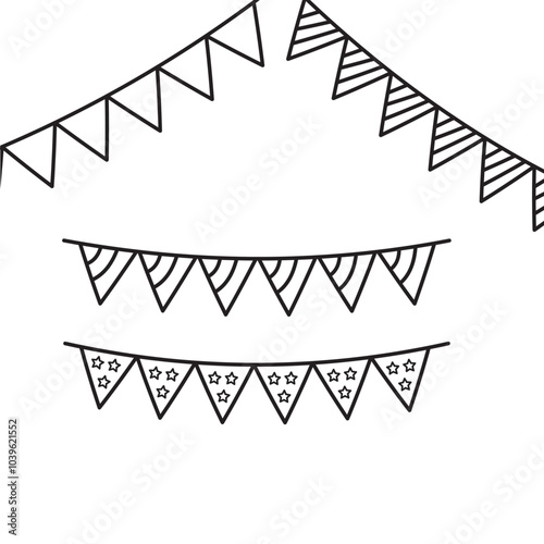 Cute festive bunting for a party isolated on white background. Vector hand-drawn illustration in doodle style. Perfect for holiday designs, cards, decorations, logo.